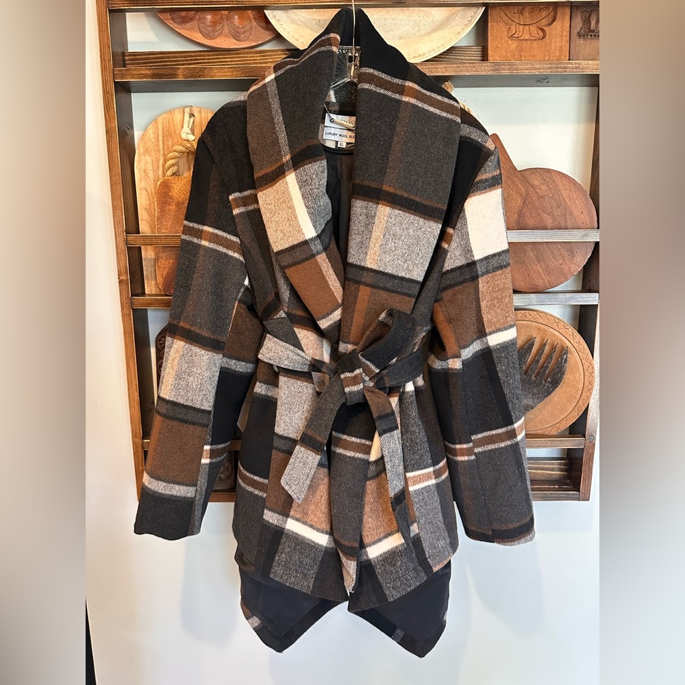 ChicWish Plaid Belted Wool-Blend Jacket - Brown/Black Drape Fit